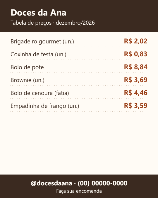 Tabela de preços em imagem, tema neutro: nome da confeitaria no alto, seis itens com preço e contato no rodapé.